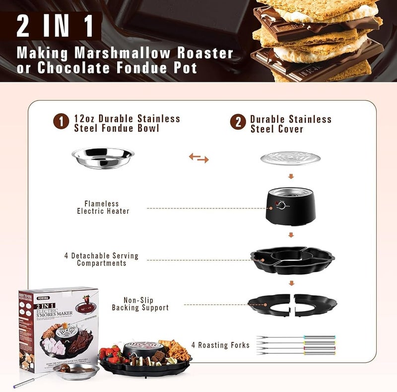 YelaJoy 2 In 1 Smores Maker & Fondue Set, Tabletop Indoor Smores Kit with Temperature Control, 4 Detachable Trays, 4 Roasting Forks, 340ml Heated Fondue Bowl & Flame-Free Heater (280W) - Movie Night E - Image 4