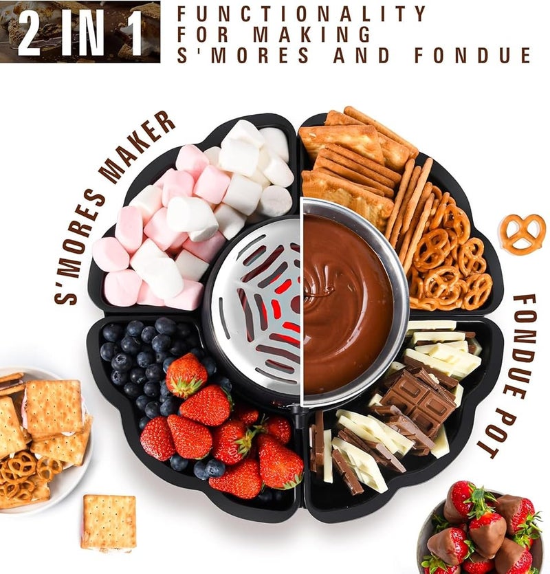 YelaJoy 2 In 1 Smores Maker & Fondue Set, Tabletop Indoor Smores Kit with Temperature Control, 4 Detachable Trays, 4 Roasting Forks, 340ml Heated Fondue Bowl & Flame-Free Heater (280W) - Movie Night E - Image 2