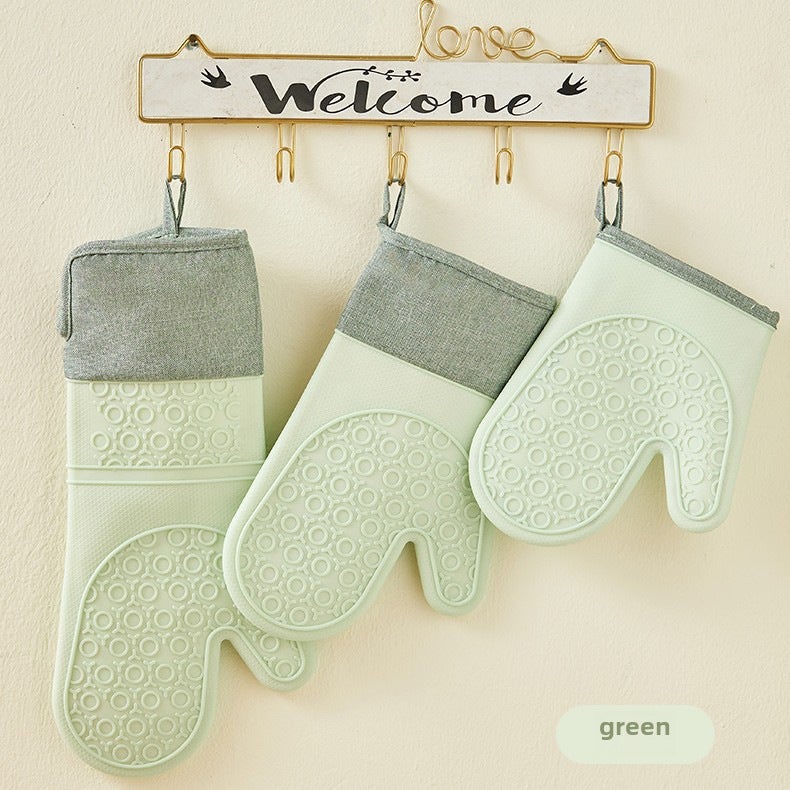 New Silicone Heat-Resistant Oven Mitts Non-Slip Easy-Clean Green 