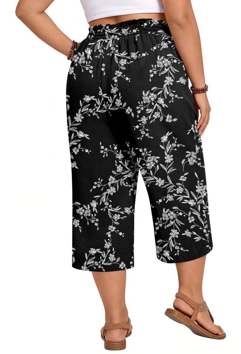 Anyhold Womens Capri Pants Loose High Waisted Wide Leg Lounge Pants Drawstring Casual Palazzo Trousers with Pockets Medium, White Carvings - Image 4