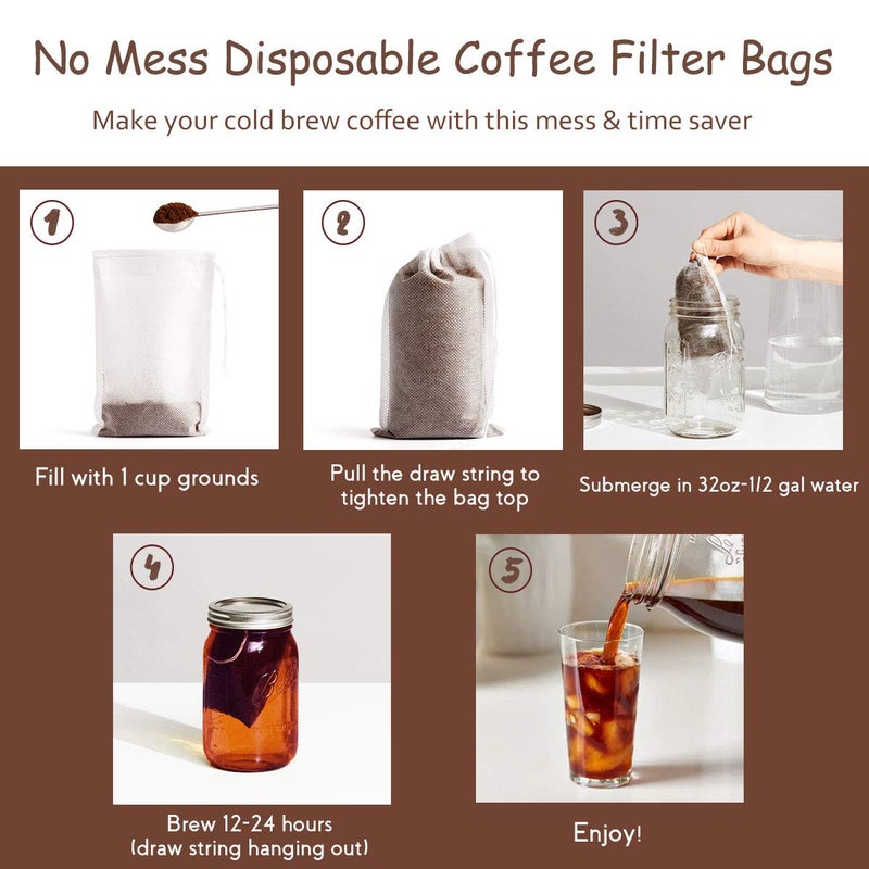 HOMYHEE No Mess Cold Brew Coffee Filters - 100 Count Disposable Fine Mesh Brewing Bags for Concentrate/Iced Coffee Maker, French/Cold Press Kit, Hot Tea in Mason Jar or Pitcher, 4 x 6 Inches - Image 3