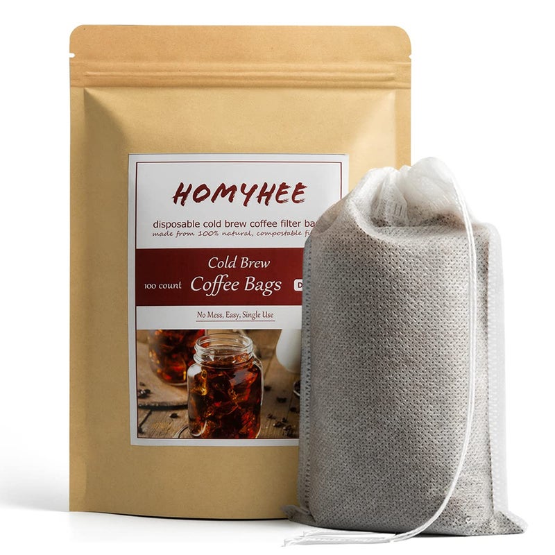 HOMYHEE No Mess Cold Brew Coffee Filters - 100 Count Disposable Fine Mesh Brewing Bags for Concentrate/Iced Coffee Maker, French/Cold Press Kit, Hot Tea in Mason Jar or Pitcher, 4 x 6 Inches - Image 1