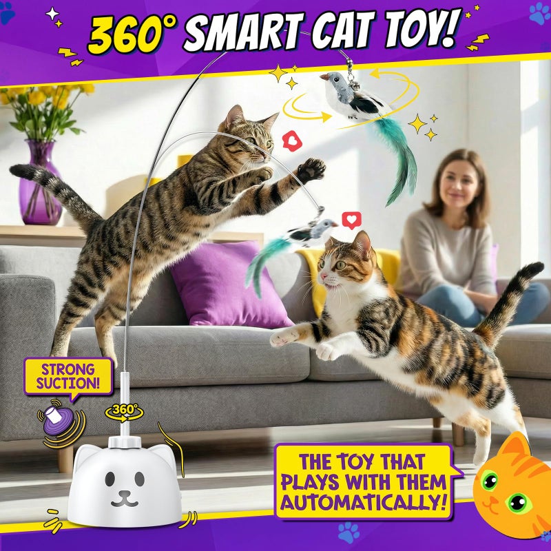 Catpick joy Interactive Cat Toys for Indoor Cats: Upgraded 360Â° Automatic Spin Flying Bird Feather Wand with Silicone Protected Rod Safe Play, Strong 8cm Suction Cup, USB-Rechargeable for Bored Kittens and Adult - Image 2