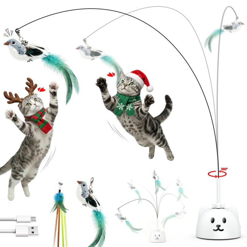 Catpick joy Interactive Cat Toys for Indoor Cats: Upgraded 360Â° Automatic Spin Flying Bird Feather Wand with Silicone Protected Rod Safe Play, Strong 8cm Suction Cup, USB-Rechargeable for Bored Kittens and Adult - Image 1