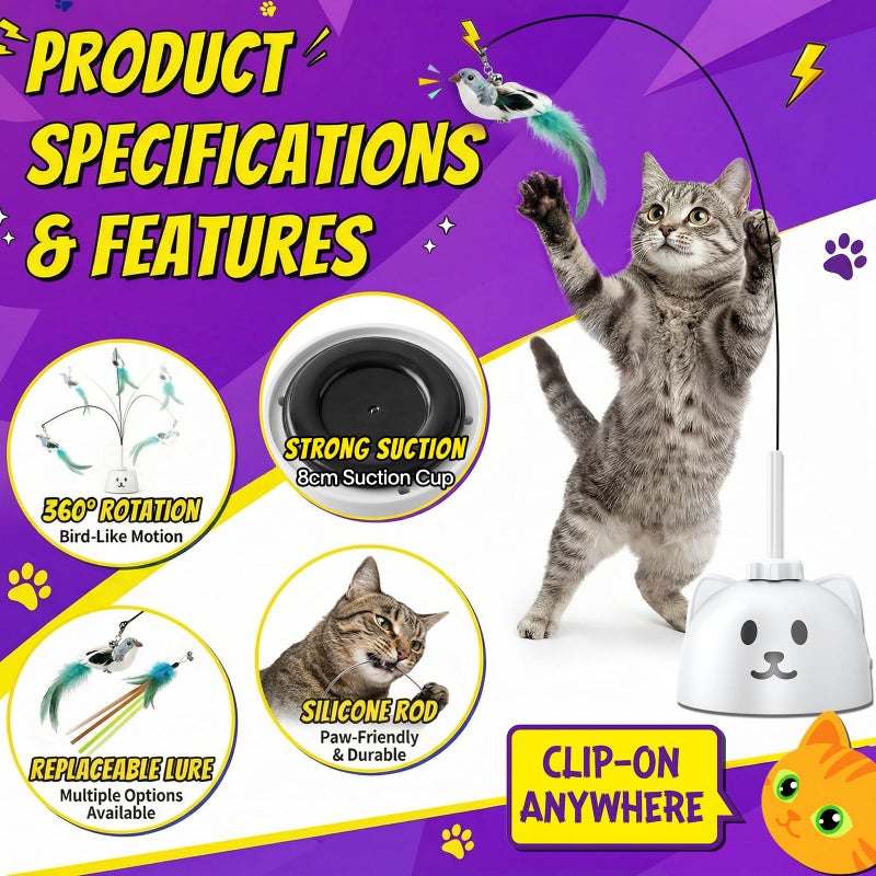 Catpick joy Interactive Cat Toys for Indoor Cats: Upgraded 360Â° Automatic Spin Flying Bird Feather Wand with Silicone Protected Rod Safe Play, Strong 8cm Suction Cup, USB-Rechargeable for Bored Kittens and Adult - Image 3