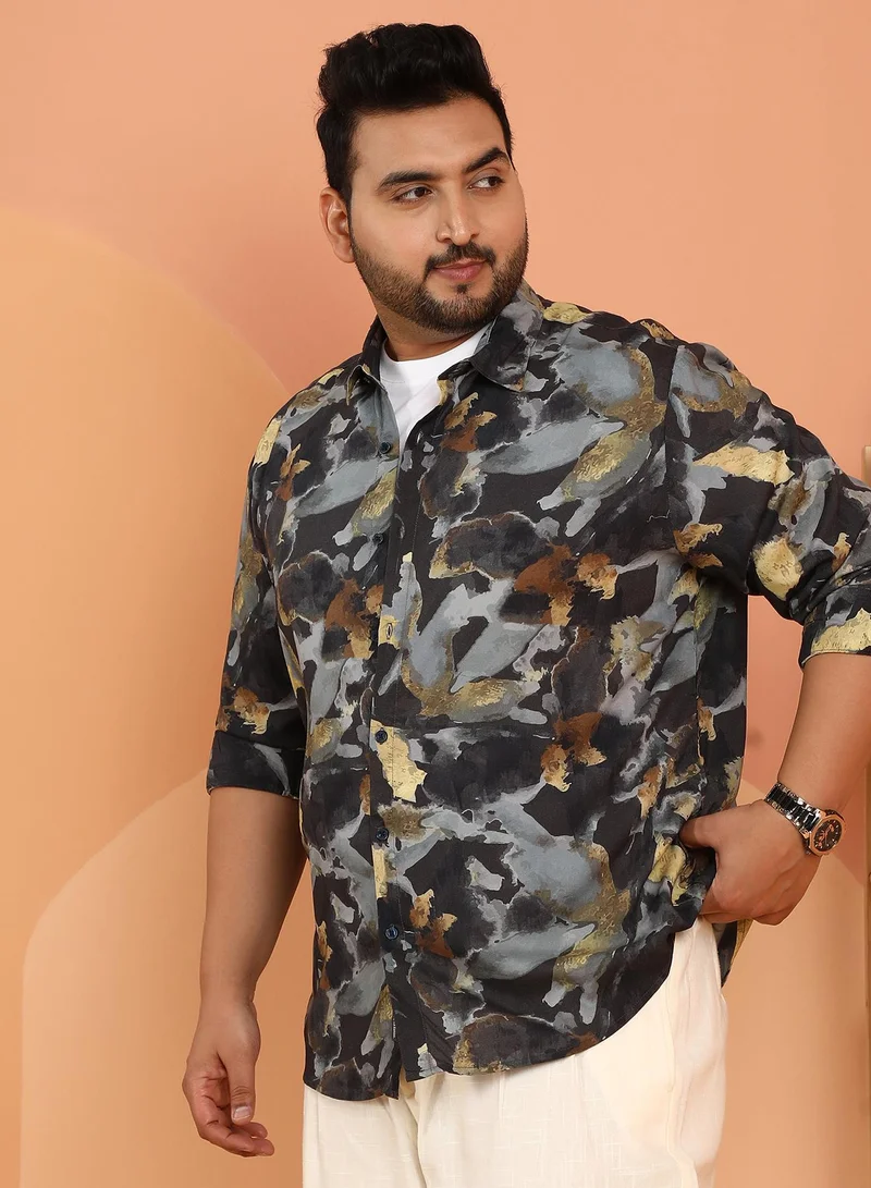 Instafab Plus  Instafab Plus Men's Black & Grey Metallic-Stained Floral Shirt For Casual Wear | Spread Collar | Long Cuffed Sleeves | Button Closure | Plus Size Shirt Crafted With Comfort Fit For Everyday Wear for Men | Best Price UAE