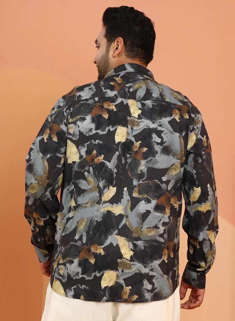 Instafab Plus  Instafab Plus Men's Black & Grey Metallic-Stained Floral Shirt For Casual Wear | Spread Collar | Long Cuffed Sleeves | Button Closure | Plus Size Shirt Crafted With Comfort Fit For Everyday Wear for Men | Best Price UAE