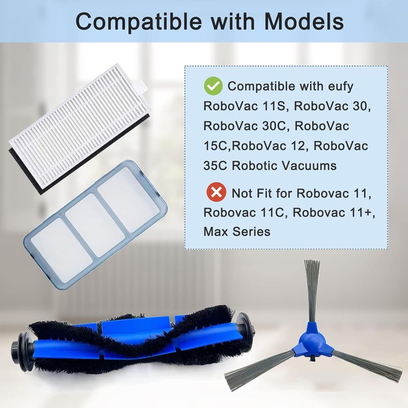 Tivcroxs أجزاء بديلة من 28 قطعة متوافقة مع المكانس الآلية Eufy RoboVac 11S و 15C و 30 و 30C و 12 و 35C و 25C و 15T، 2 فرش دوارة، 12 مجموعة فلتر، 12 فرش جانبية، 2 فلتر أولي - Image 2