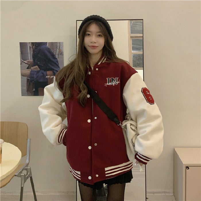 Fleece-lined thickened baseball uniform womens autumn and winter ins trendy Korean style student all-match jacket bf lazy style womens clothing Wine red 
