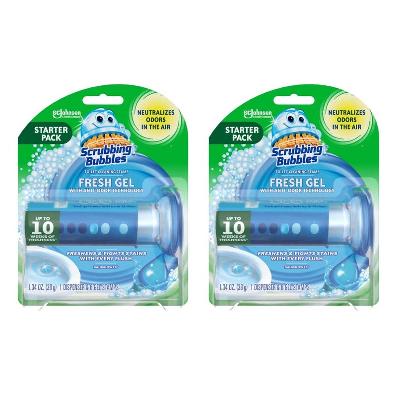 Scrubbing Bubbles Fresh Gel Toilet Bowl Cleaning Stamps, Helps Keep Toilet Clean and Helps Prevent Limescale & Rings, Rainshower Scent, 1 Dispenser with 6 Fresh Gel Stamps (2 Pack) - Image 1