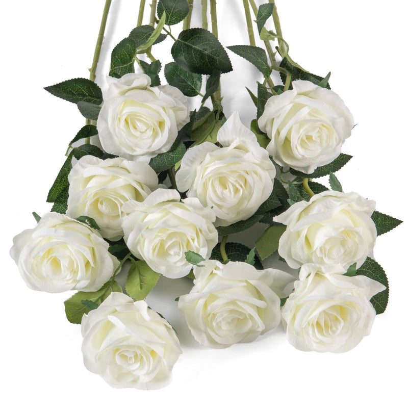 Flojery 10pcs White Silk Roses Artificial Rose Flowers Long Stem for DIY Wedding Bouquet Table Centerpiece Home Dcor