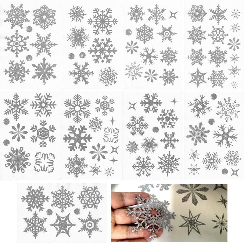 SaktopDeco 9 Sheets Glitter Silver Snowflake Window Clings Decals Christmas Glass Static Stickers for Xmas Holiday Winter Decoration