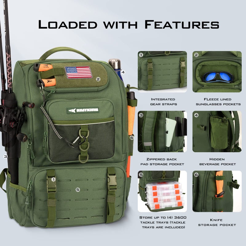 KastKing KarryAll Fishing Tackle Backpack with Rod Holder 4 Tackle Boxes,40/26L Tackle Bag Storage Fishing Gear and Equipment,Green,Large - Image 3