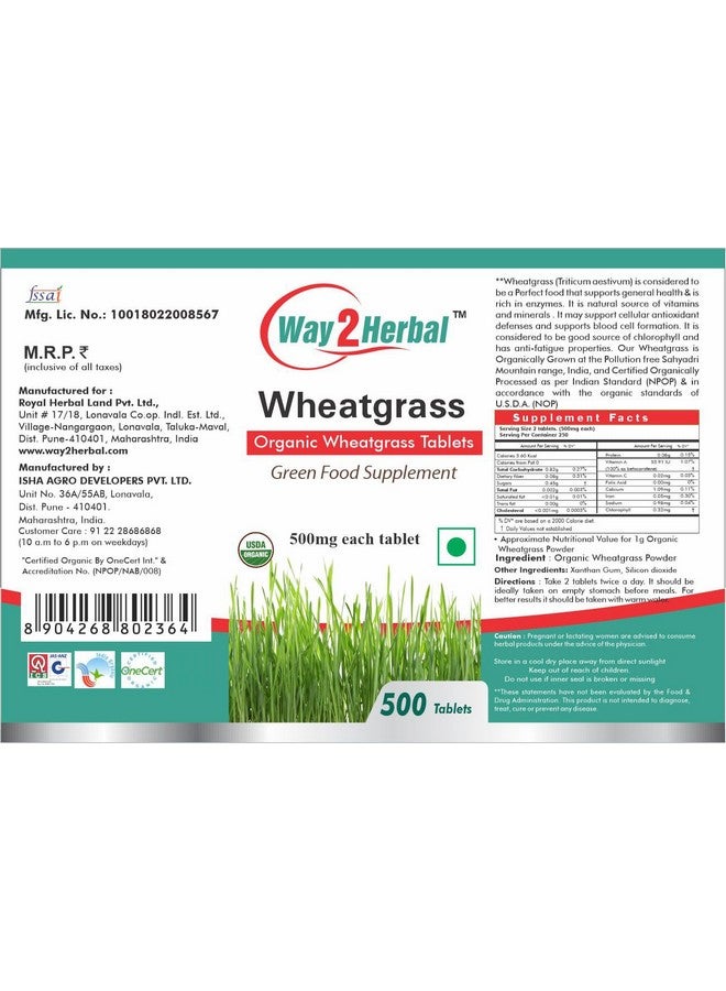 Way2Herbal Certified Organic Wheatgrass Tablets (500 Count Pack of 1) - Image 2
