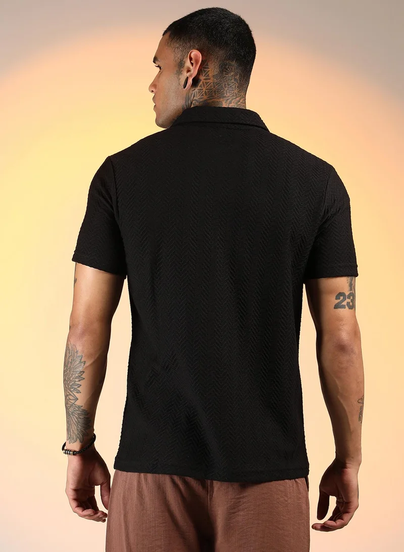 Campus Sutra  Men's Onyx Black Chevron Polo T-Shirt For Casual Wear | Polo Neck | Short Sleeve | Half-Button Closure | T-Shirt Crafted With Comfort Fit For Everyday Wear for Men | Best Price UAE
