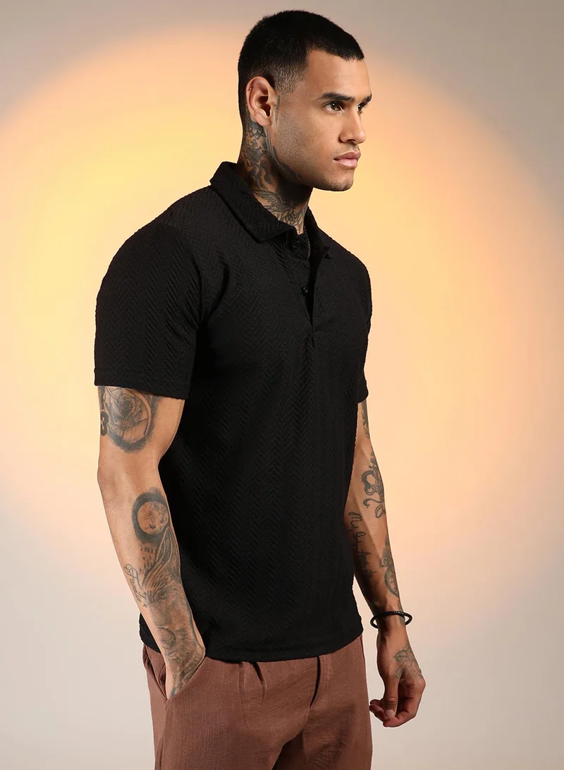 Campus Sutra  Men's Onyx Black Chevron Polo T-Shirt For Casual Wear | Polo Neck | Short Sleeve | Half-Button Closure | T-Shirt Crafted With Comfort Fit For Everyday Wear for Men | Best Price UAE