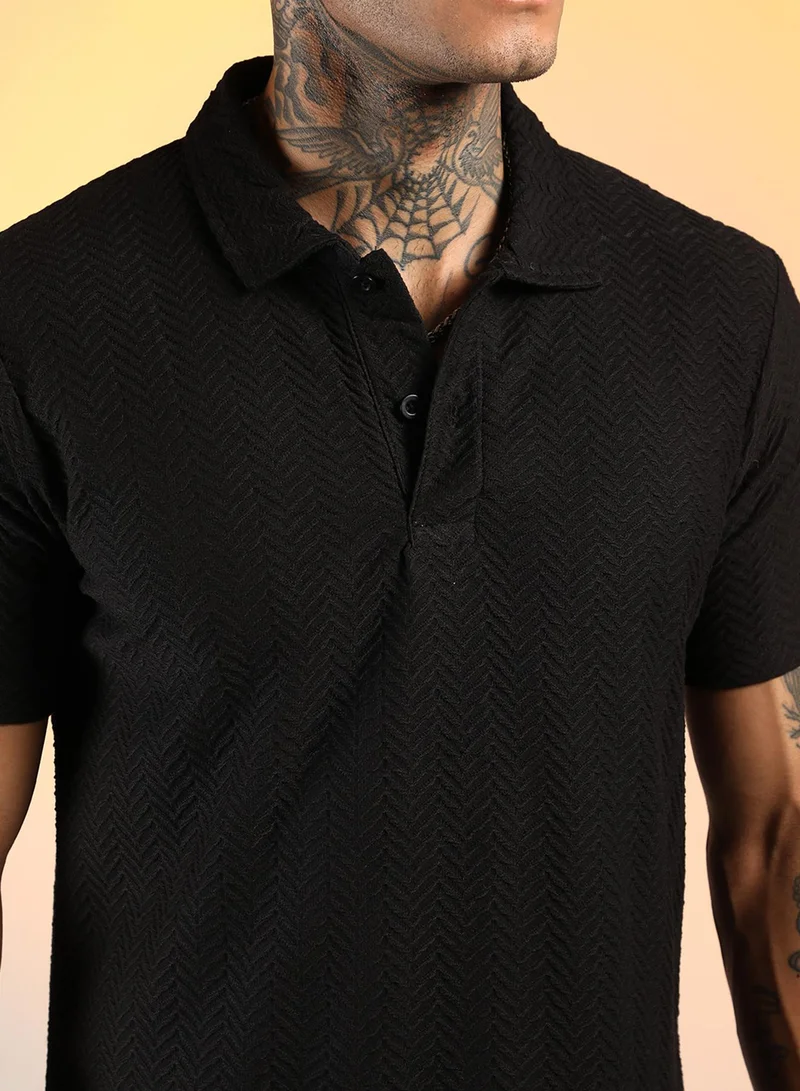 Campus Sutra  Men's Onyx Black Chevron Polo T-Shirt For Casual Wear | Polo Neck | Short Sleeve | Half-Button Closure | T-Shirt Crafted With Comfort Fit For Everyday Wear for Men | Best Price UAE