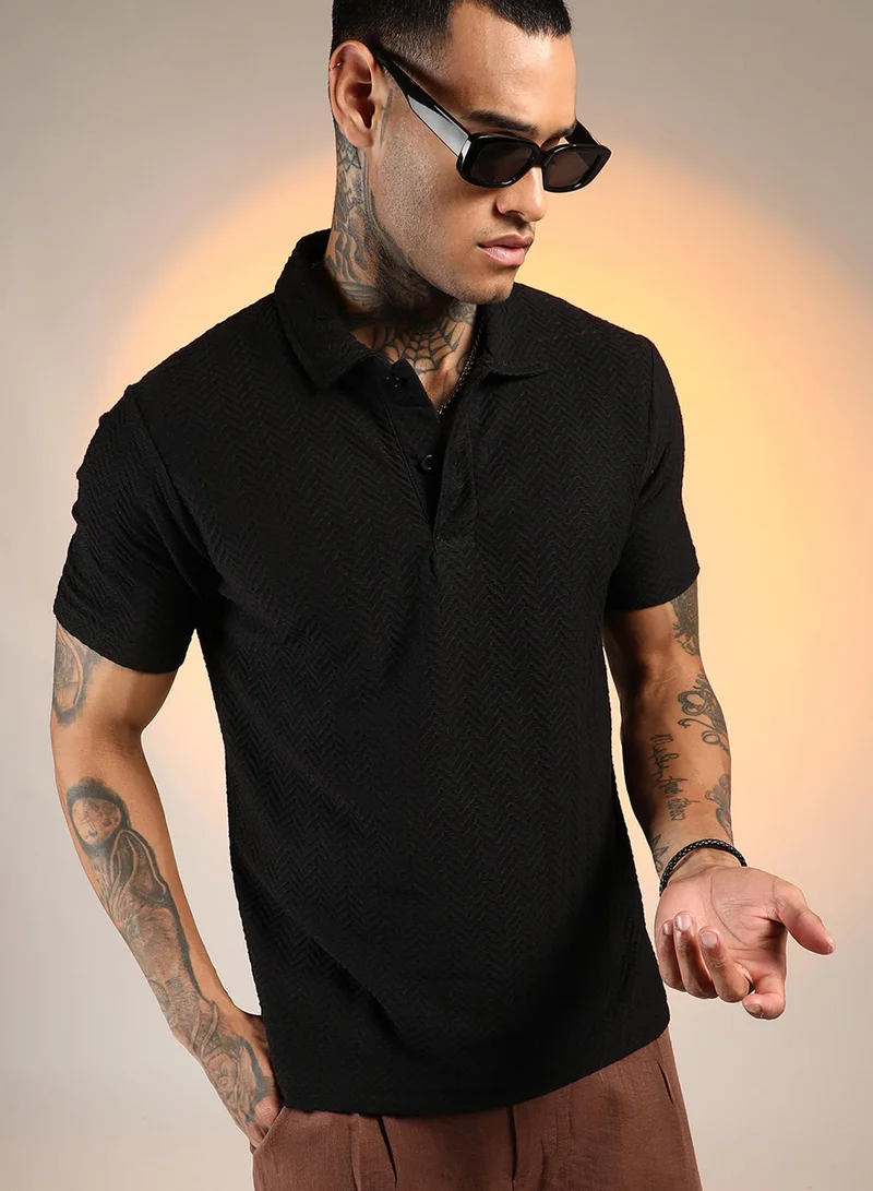 كامبوس سوترا Men's Onyx Black Chevron Polo T-Shirt For Casual Wear | Polo Neck | Short Sleeve | Half-Button Closure | T-Shirt Crafted With Comfort Fit For Everyday Wear