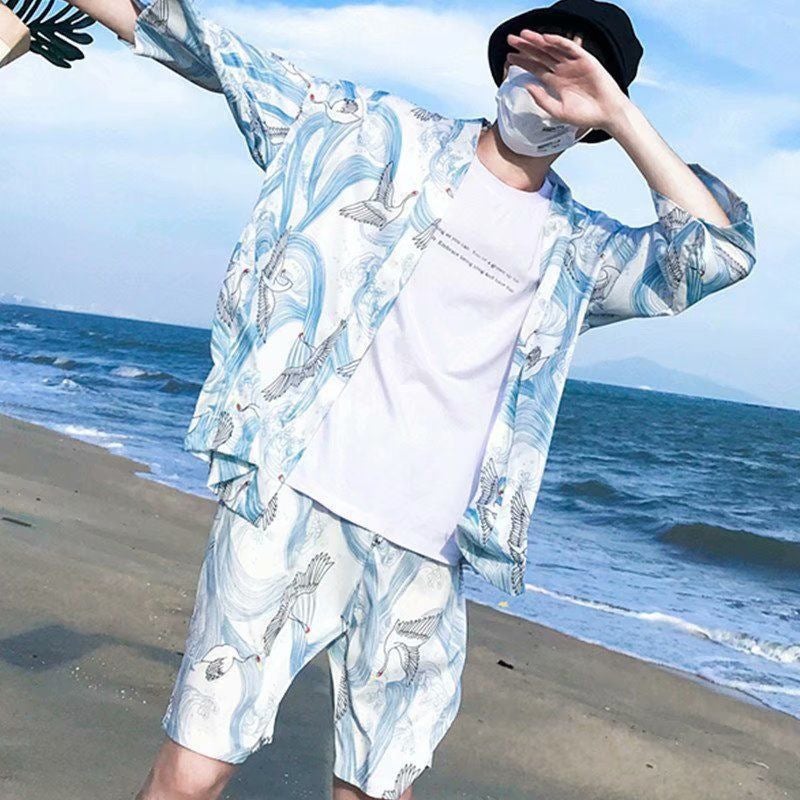 Generic Mens Summer Casual Beach Set Lightweight Hawaiian Shorts Shirt Combo 1924 white suit 