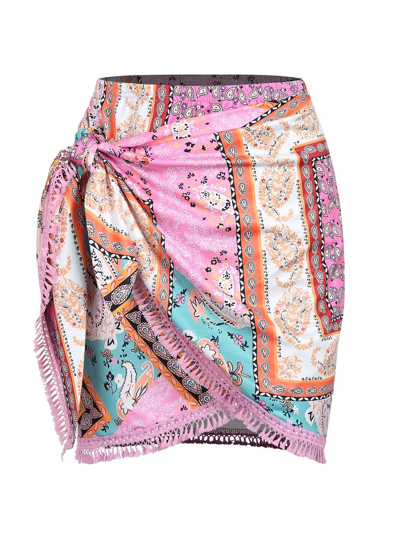 ZAFUL Slit Skirt for Women Ethnic Paisley Printed Tie Side Sarong-Style Bodycon Mini Short Skirt for Beach Night Out Party(Boho-Pink,XL) - Image 1