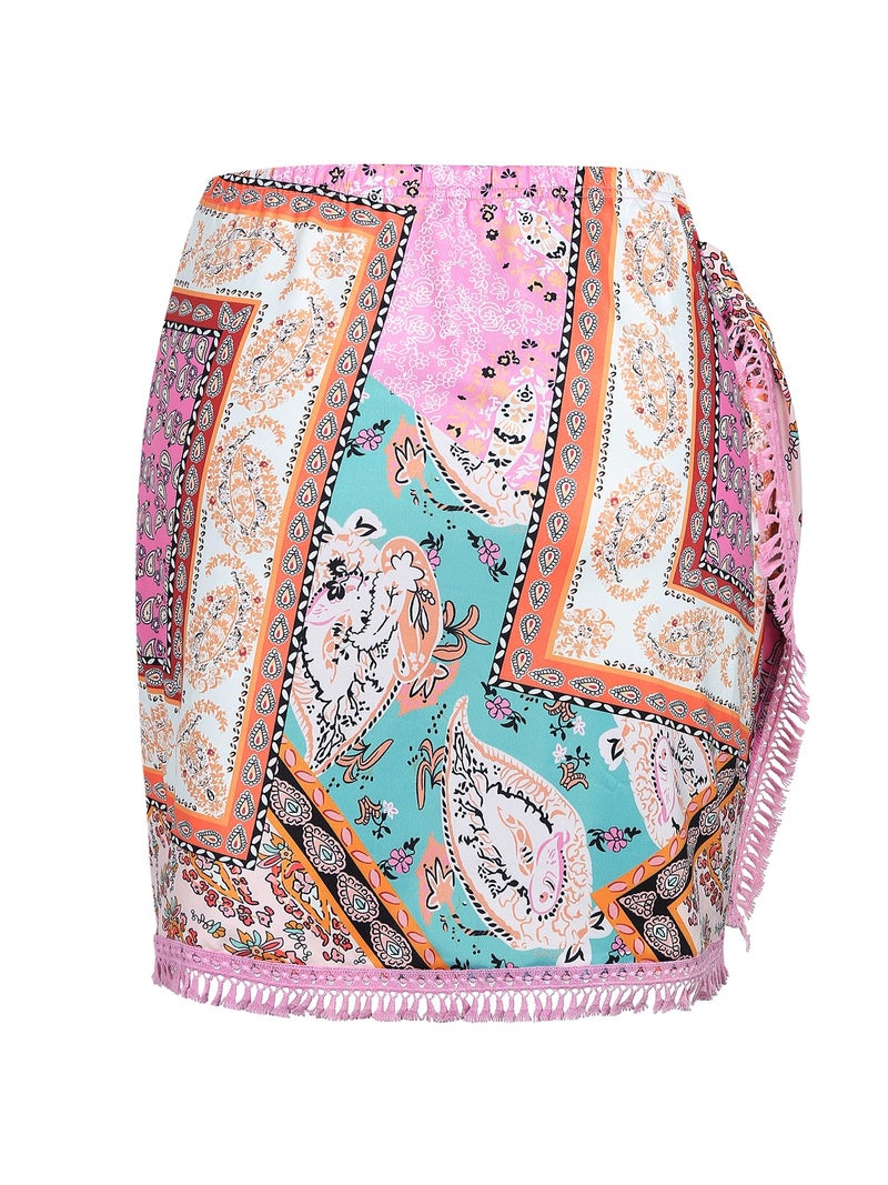 ZAFUL Slit Skirt for Women Ethnic Paisley Printed Tie Side Sarong-Style Bodycon Mini Short Skirt for Beach Night Out Party(Boho-Pink,XL) - Image 3