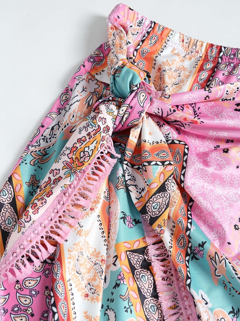 ZAFUL Slit Skirt for Women Ethnic Paisley Printed Tie Side Sarong-Style Bodycon Mini Short Skirt for Beach Night Out Party(Boho-Pink,XL) - Image 4