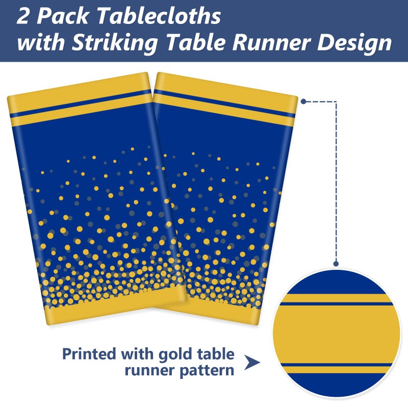 LANLISA Blue and Gold Tablecloth Graduation Decorations 2025 2 Pack, Disposable Plastic Table Cloths for Birthday Masquerade Retirement Party Decor - Image 4