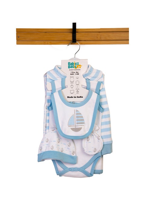 7 Piece Unisex 100% Cotton Gift Set Include Bib, Blanket, Mitten, Cap, Romper, Top And Bottom Set, Blue