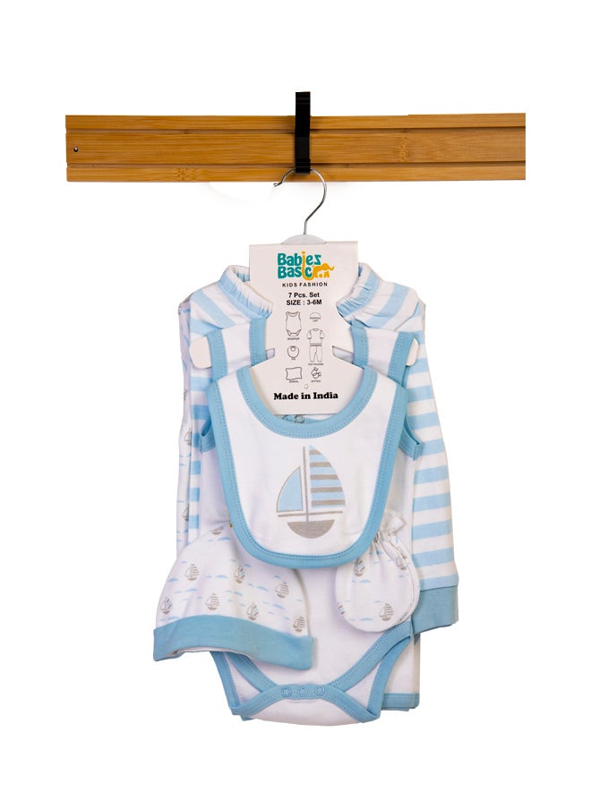 Babies Basic - 7 Piece Unisex 100% Cotton Gift Set Include Bib, Blanket, Mitten, Cap, Romper, Top And Bottom Set, Blue - Image 1