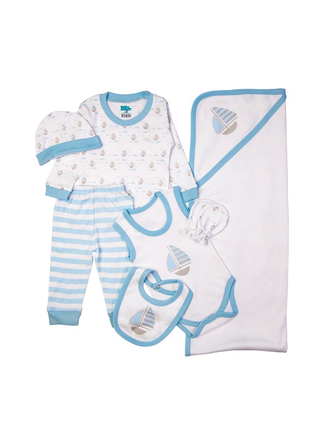 Babies Basic - 7 Piece Unisex 100% Cotton Gift Set Include Bib, Blanket, Mitten, Cap, Romper, Top And Bottom Set, Blue - Image 1
