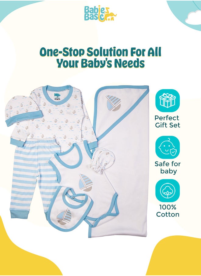 Babies Basic - 7 Piece Unisex 100% Cotton Gift Set Include Bib, Blanket, Mitten, Cap, Romper, Top And Bottom Set, Blue - Image 1