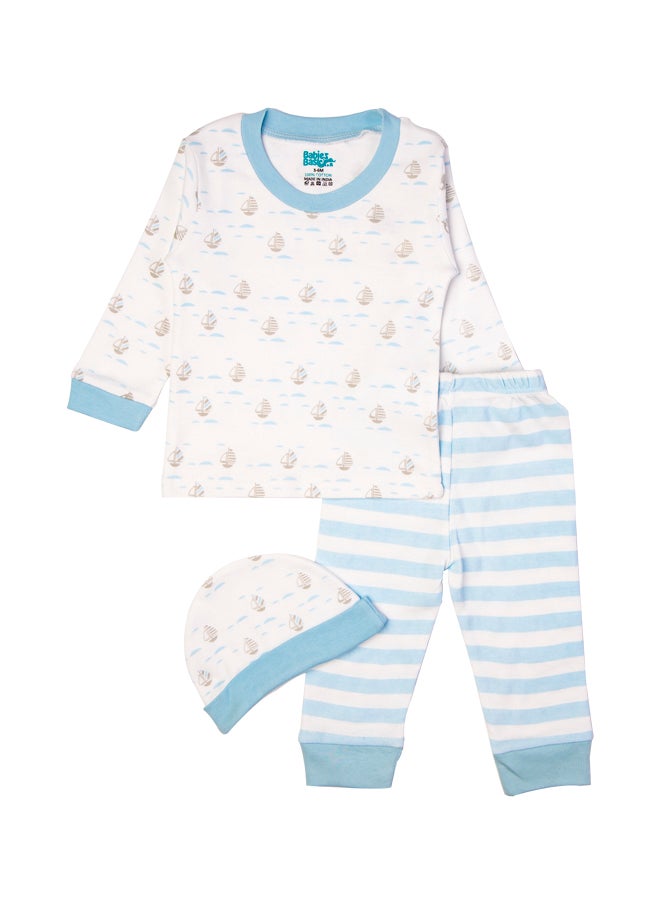 Babies Basic - 7 Piece Unisex 100% Cotton Gift Set Include Bib, Blanket, Mitten, Cap, Romper, Top And Bottom Set, Blue - Image 1
