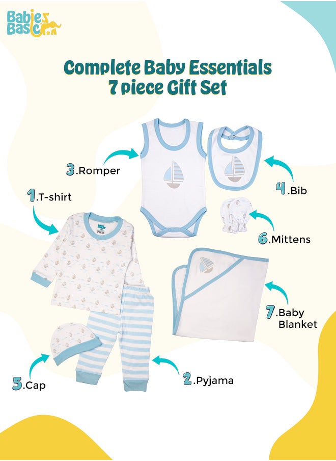 Babies Basic - 7 Piece Unisex 100% Cotton Gift Set Include Bib, Blanket, Mitten, Cap, Romper, Top And Bottom Set, Blue - Image 1