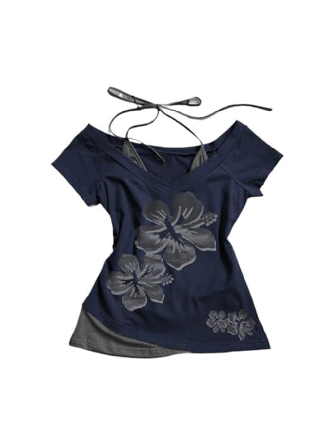 MANGMAO Emo Grunge Shirts Women 2000s Graphic Baby Tees Fake Two Piece Short Sleeve Vintage Y2k Crop Top Goth Alt Clothes, Royal Blue, L - Image 1
