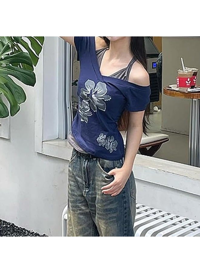 MANGMAO Emo Grunge Shirts Women 2000s Graphic Baby Tees Fake Two Piece Short Sleeve Vintage Y2k Crop Top Goth Alt Clothes, Royal Blue, L - Image 3