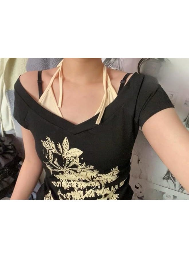 MANGMAO Emo Grunge Shirts Women 2000s Graphic Baby Tees Fake Two Piece Short Sleeve Vintage Y2k Crop Top Goth Alt Clothes, Royal Blue, L - Image 5
