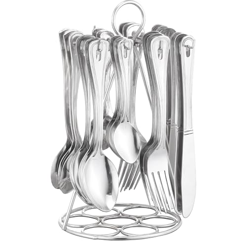 Parage 25 Pieces Imperio Premium Stainless Steel Cutlery Set for Home & Kitchen, (Contains: 6 Table Spoons, 6 Tea Spoons, 6 Forks, 6 Knives, 1 Stand) Spoon Set, Dining Table Stylish, Silver - Image 1