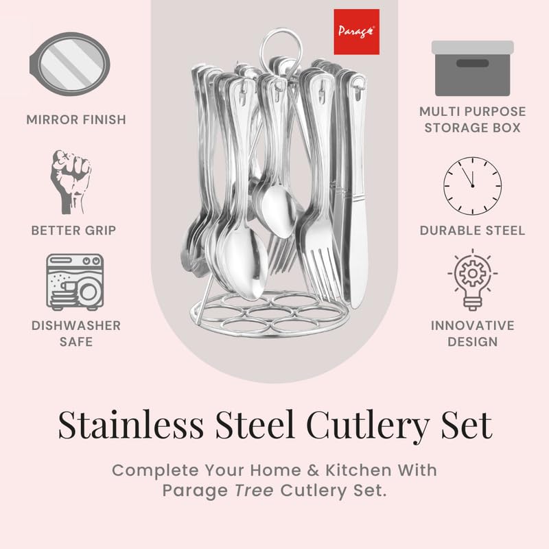 Parage 25 Pieces Imperio Premium Stainless Steel Cutlery Set for Home & Kitchen, (Contains: 6 Table Spoons, 6 Tea Spoons, 6 Forks, 6 Knives, 1 Stand) Spoon Set, Dining Table Stylish, Silver - Image 4