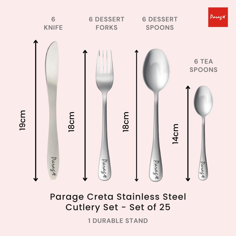 Parage 25 Pieces Imperio Premium Stainless Steel Cutlery Set for Home & Kitchen, (Contains: 6 Table Spoons, 6 Tea Spoons, 6 Forks, 6 Knives, 1 Stand) Spoon Set, Dining Table Stylish, Silver - Image 3