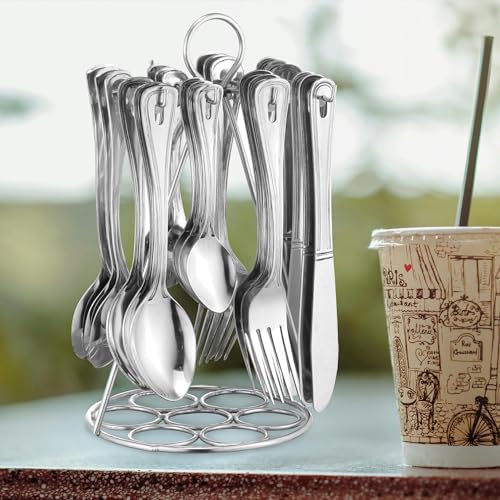 Parage 25 Pieces Imperio Premium Stainless Steel Cutlery Set for Home & Kitchen, (Contains: 6 Table Spoons, 6 Tea Spoons, 6 Forks, 6 Knives, 1 Stand) Spoon Set, Dining Table Stylish, Silver - Image 5