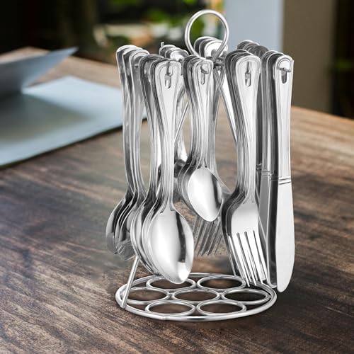 Parage 25 Pieces Imperio Premium Stainless Steel Cutlery Set for Home & Kitchen, (Contains: 6 Table Spoons, 6 Tea Spoons, 6 Forks, 6 Knives, 1 Stand) Spoon Set, Dining Table Stylish, Silver - Image 2