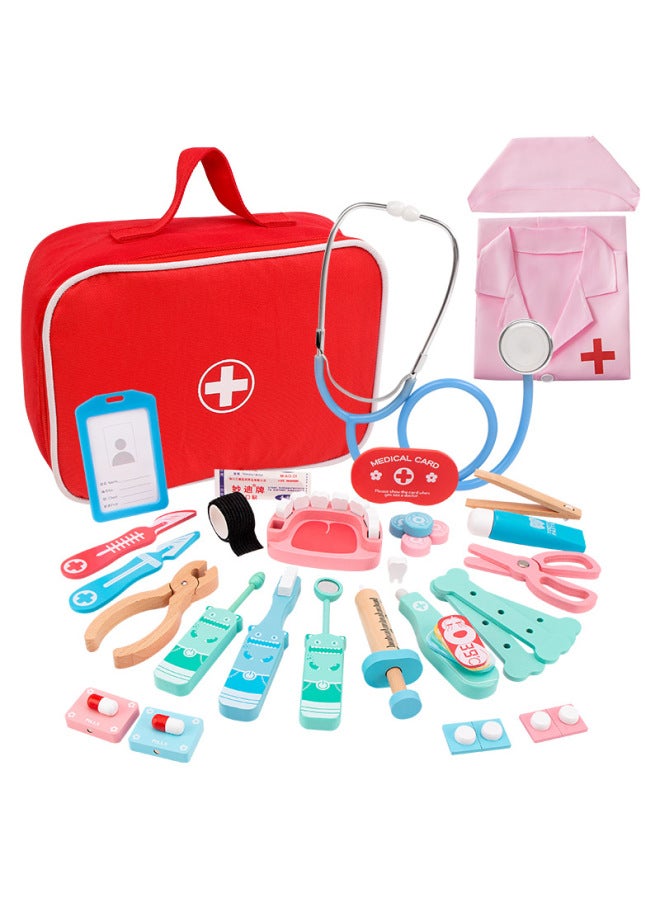 أدوات طبية خشبية للأطفال الصغار، مجموعة ألعاب محاكاة الطبيب، حقيبة ممرضة فتاة، لعبة الطبيب - اللون: حقيبة مثيرة للاهتمام D (أزرق) + ملابس وردية - Image 1