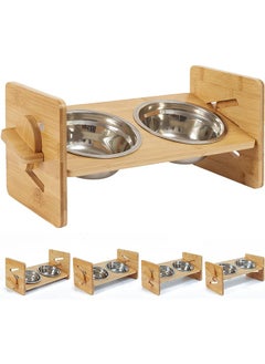 WISFOR Double Cat Dog Bowls Elevated Pet Food Water Bowl Bamboo Cat Feeder Stand 15°Tilted Adjustable Cat Food Dish with Stand and 2 Stainless Steel Feeding Bowls for Cats and Small Dogs  - Image 1