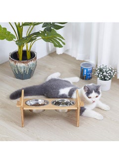 WISFOR Double Cat Dog Bowls Elevated Pet Food Water Bowl Bamboo Cat Feeder Stand 15°Tilted Adjustable Cat Food Dish with Stand and 2 Stainless Steel Feeding Bowls for Cats and Small Dogs  - Image 2