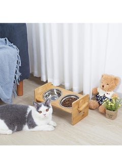 WISFOR Double Cat Dog Bowls Elevated Pet Food Water Bowl Bamboo Cat Feeder Stand 15°Tilted Adjustable Cat Food Dish with Stand and 2 Stainless Steel Feeding Bowls for Cats and Small Dogs  - Image 3