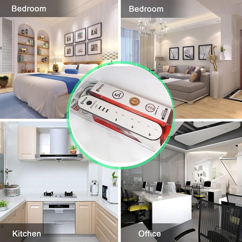 FORCE Power Socket Strip with 3 Outlets 2500W & 3 USB Ports 3.1A, UK Plug and 5M Meter 17ft feet Long Braided Extension Lead Cord for Travel Home Office - Image 4