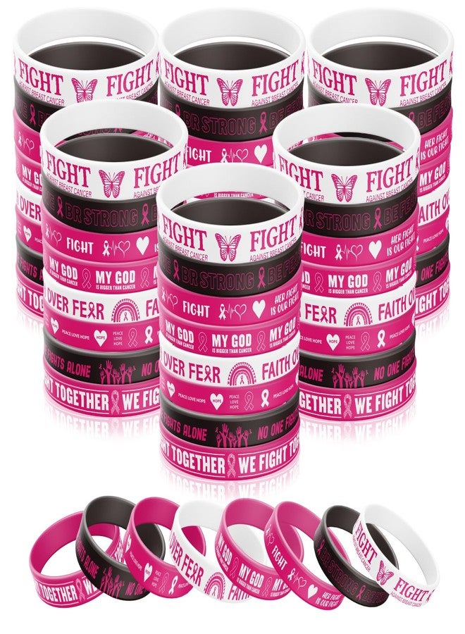 AFRITEE 64 Pcs Pink Breast Cancer Awareness Bracelets, Hope Faith Courage Strength Inspirational Wristband Accessory, Breast Cancer Awareness Ribbon Party Supplies - Image 1