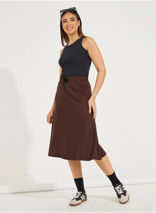 Styli Basic Knit Midi Skirt with Drawstring