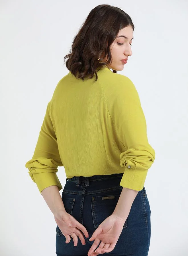 Dennis Lingo Lime Green Women'S Lime Green Viscose Crepe Solid Pattern Button Down Relaxed Shirt for Women | Best Price UAE