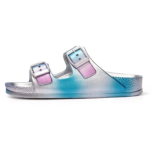 FUNKYMONKEY Women's Plastic Sandals New Upgrade Quality EVA Waterproof Double Buckle Adjustable Slides Shoes (8 M US, New Variation Silver&Blue&Purple/XPZ) - Image 2